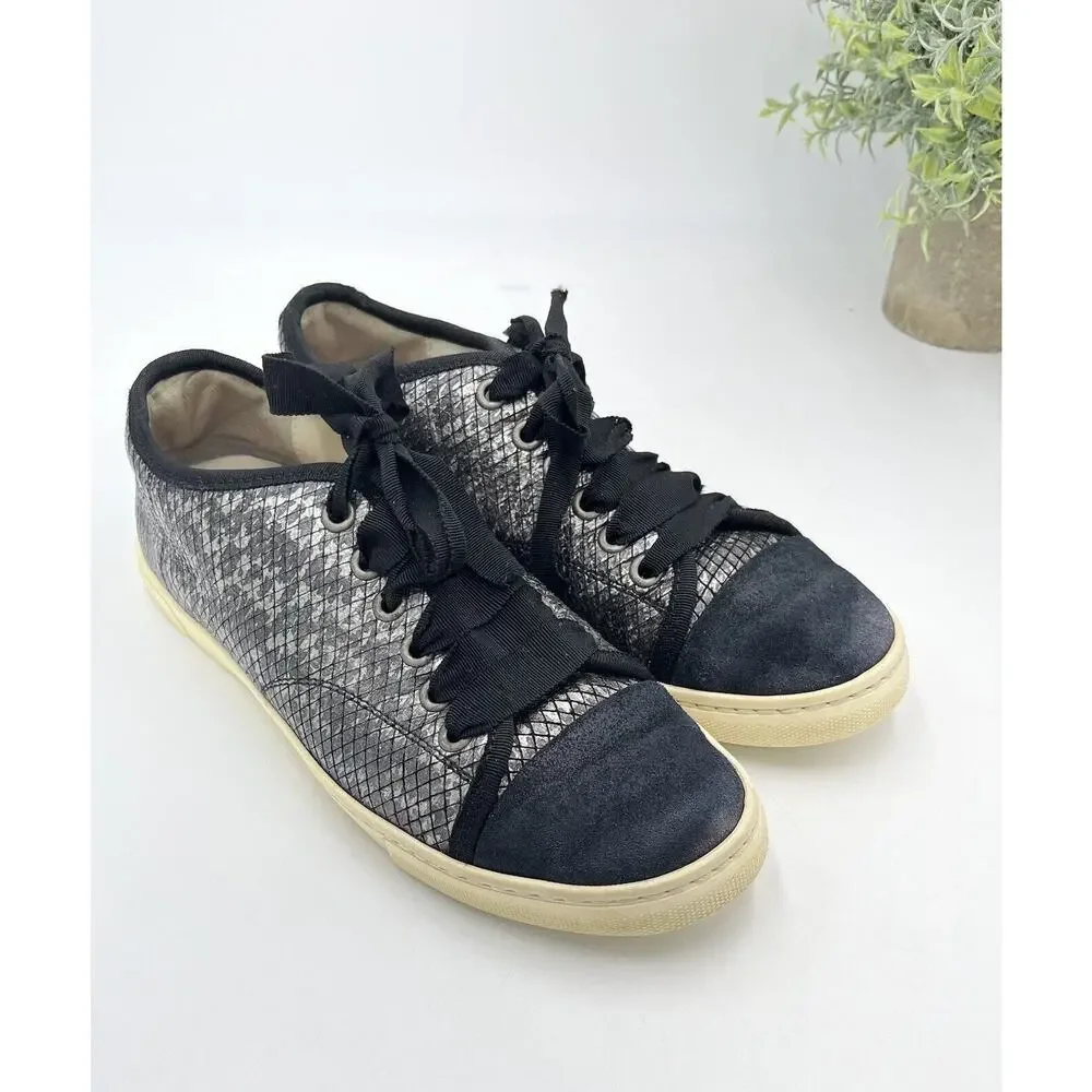Lanvin Paris Black Pewter Calf Hair Leather Ribbon Lace Up Low-Top Sneakers Sz 7